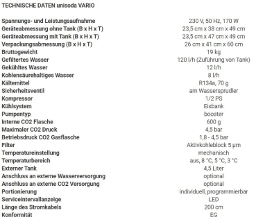 unisoda Vario Plus Auftischgerät technische Daten